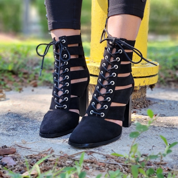 Women's Black Lace up Chunky Block High Heel Booties - Picture 7 of 7